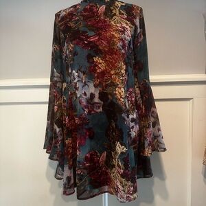 Lulu's Floral Long Sleeve Dress in Burgundy and Teal